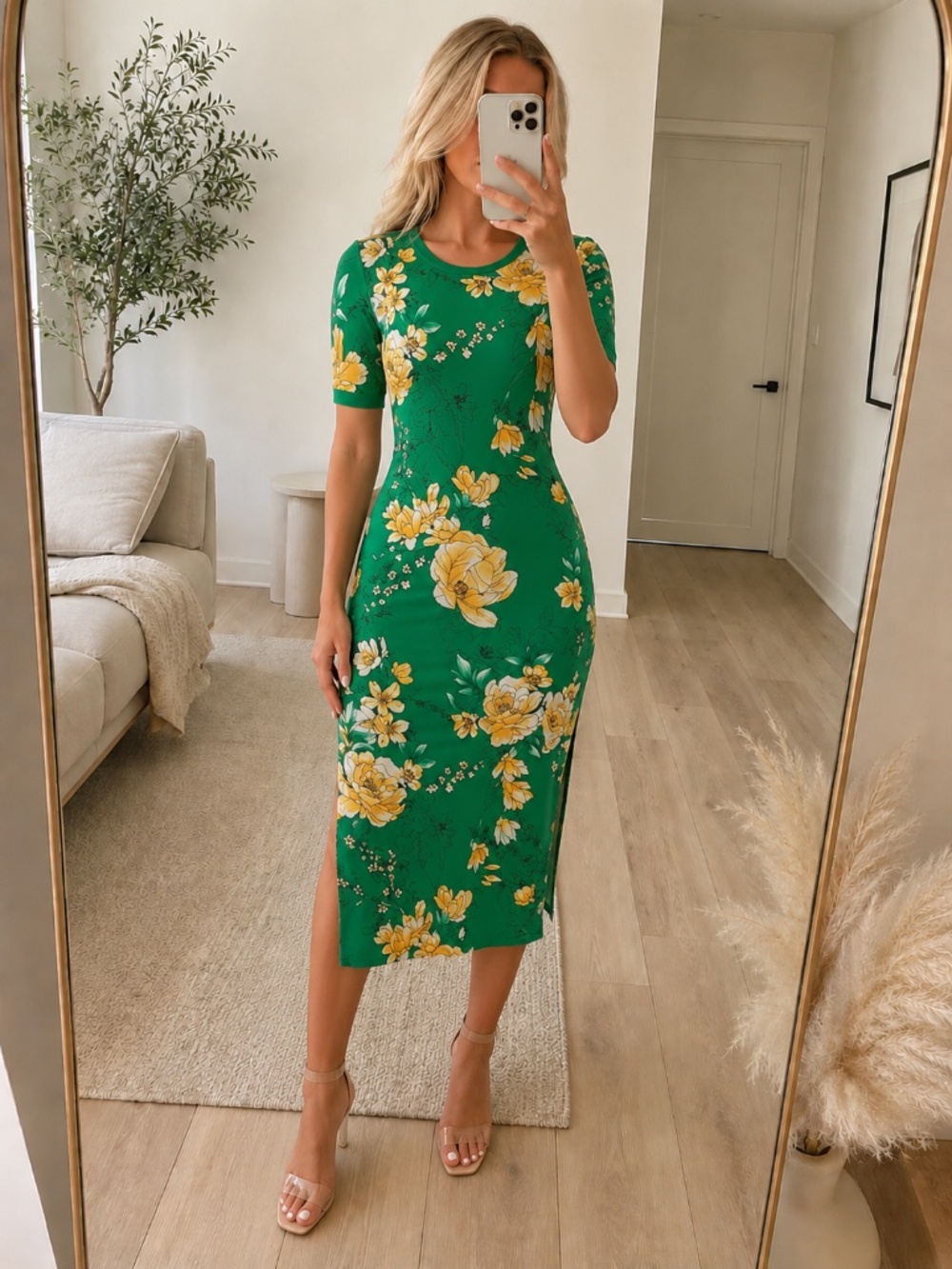 G.I.L.I Green Yellow Floral Side Slit Maxi Dress XSP